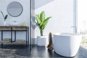 White bathroom interior, white tub and sink