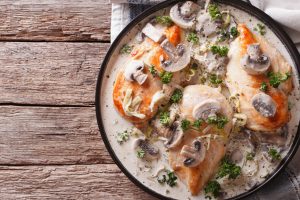Chicken breast with mushrooms in cream sauce horizontal top view