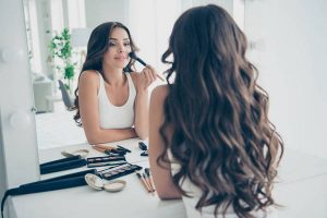 Portrait of her she nice sweet tender gentle attractive lovely stunning fascinating charming cute feminine cheerful well-groomed wavy-haired lady preparing in light white interior room
