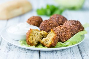 Wooden table with Falafels