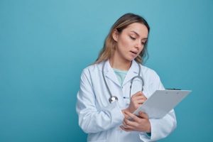 impressed-young-female-doctor-wearing-medical-robe-and-stethoscope-around-neck-writing-with-pen-on-clipboard_409827-72-600x400