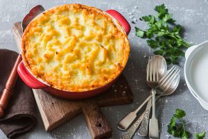 Vegetarian shepherd's pie. Potatoes, lentils and seasonal garden vegetables casserole. Autumn vegetarian lunch