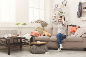 Desperate woman sitting on sofa in messy room