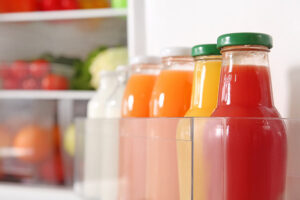 Bottles,With,Milk,And,Juice,In,Open,Fridge