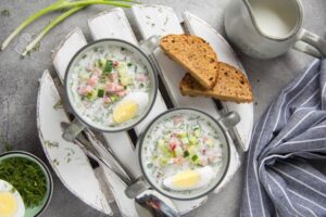 Traditional,Cold,Russian,Soup,Okroshka,,With,Sausage,(ham),,Potatoes,,Boiled