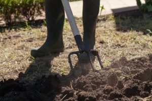 Foot clicks on pitchfork when digging earth