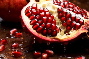 Captivating composition showcasing the richness of fresh pomegranate and its seeds. Ripe Pomegranate Delight Display Cop