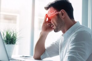 240805 54. Side view of individual grimacing with head pain at office desk. Cranial blood vessel constriction resulting from tension headache and continuous digital screen exposure. Medical