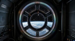 Реалистичное фото вида на планету Земля из космического иллюминатора со звездами и четкой гравировкой названия kalambus.com на металлической рамке прибора.