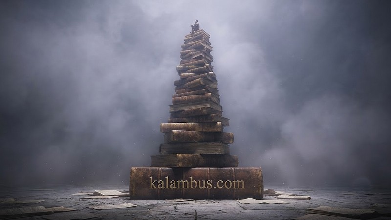 Высокая стопка старинных книг, на вершине которой стоит песочный человек