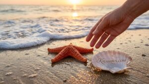 Маленькая морская звезда лежит на мокром песке у самой кромки синей воды