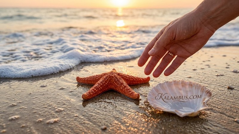 Маленькая морская звезда лежит на мокром песке у самой кромки синей воды